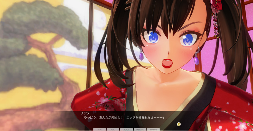 3d blue_eyes brown_hair dialogue female_only japanese_clothing kamen_writer_mc kimono mc_trap_town screenshot solo text twintails