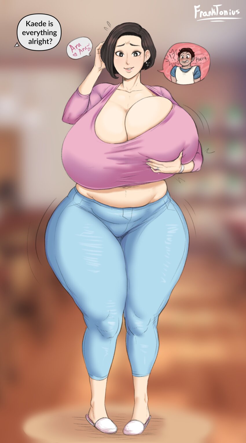 absurdres body_swap breasts brown_hair clothed earrings femsub franktonius holding_breasts huge_breasts jewelry large_breasts large_hips maledom milf possession smile tagme text thick_thighs
