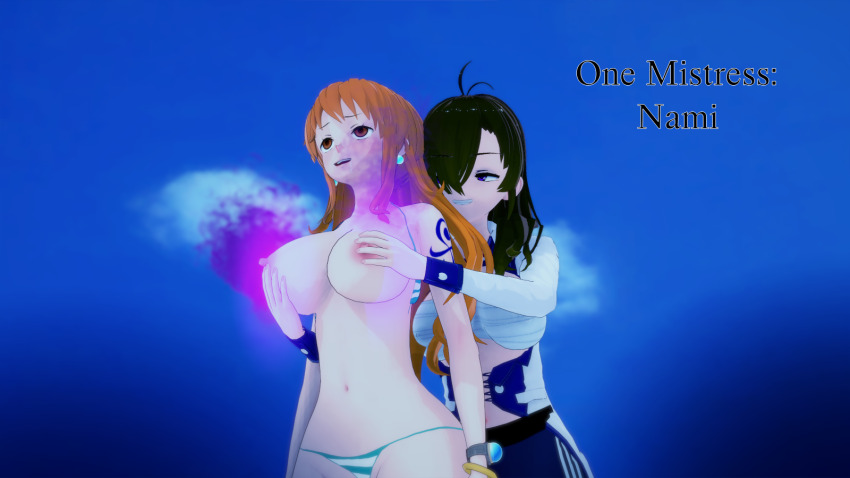 3d bikini_bottom breast_grab breasts brown_hair clothed cover cyanstargazer earrings english_text evil_smile female_only femdom femsub groping hair_covering_one_eye long_hair nami_(one_piece) nipples nude one_piece orange_eyes orange_hair purple_eyes smile tattoo text