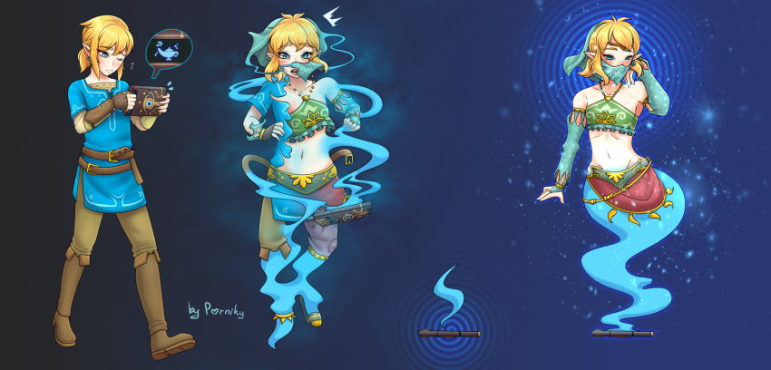 androgynous blonde_hair breath_of_the_wild genie gerudo harem_outfit jewelry link male_only malesub navel nintendo porniky short_hair smoke spiral_eyes symbol_in_eyes the_legend_of_zelda transformation veil