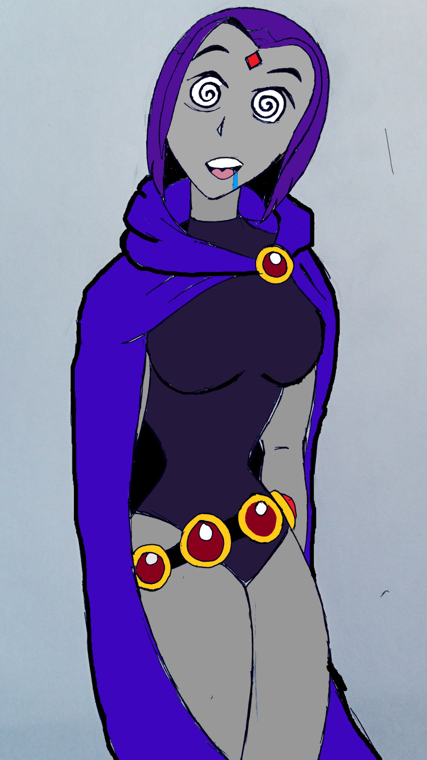 dc_comics drool femsub itemshoplifter purple_hair raven spiral_eyes standing super_hero