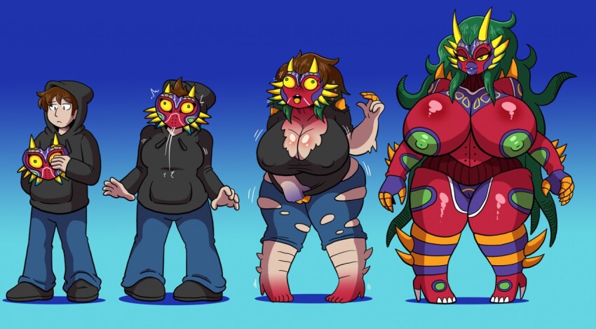 before_and_after bottomless breast_expansion breasts brown_hair chubby demon_girl green_hair hoodie huge_breasts huge_lips hypnotic_accessory long_hair majora majora's_mask malesub mask monster_girl nintendo non-human_feet nude original possession prinnydood red_skin sequence short_hair the_legend_of_zelda topless torn_clothes transformation transgender