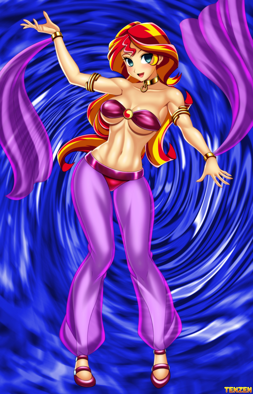 absurdres breasts cleavage collar dancer dancing empty_eyes equestria_girls female_only femsub green_eyes happy_trance harem_outfit large_breasts long_hair multicolored_hair my_little_pony sunset_shimmer tenzen western