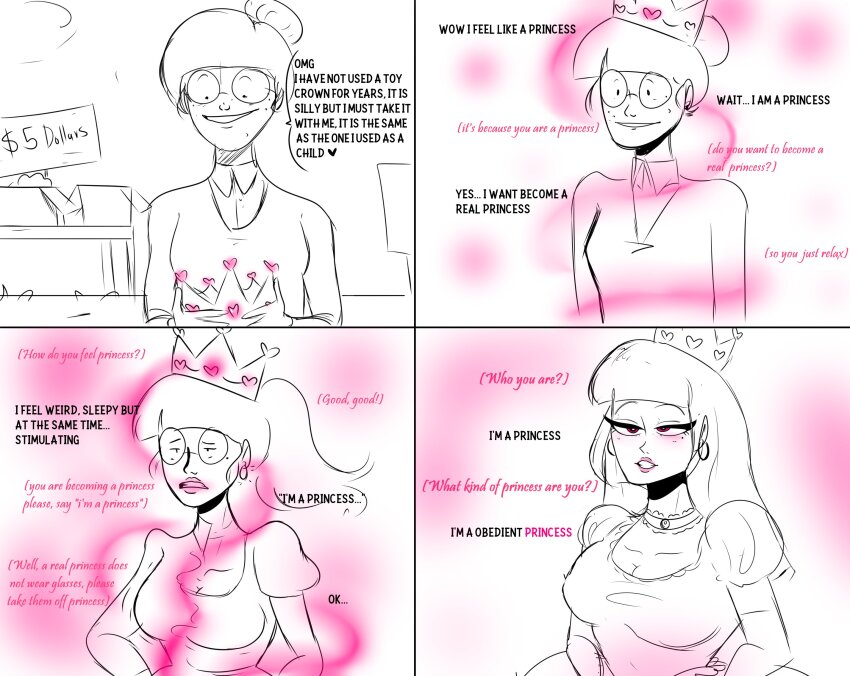 breast_expansion breasts cleavage comic crown femsub glasses good_sub_conditioning gradient_text hypnotic_object loskos monochrome nerd original piercing princess princessification red_eyes sketch text white_background