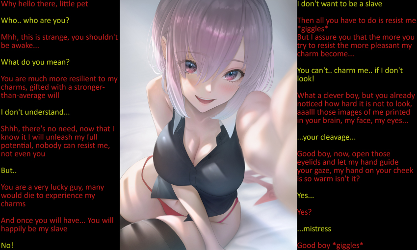 breasts caption caption_only cleavage fate/extra fate/grand_order fate_(series) female_only femdom grey_hair hand_on_another's_cheek huge_breasts hypnotic_breasts i_mi_zu large_breasts looking_at_viewer male_pov manip mashu_kyrielight open_mouth pink_hair pov pov_sub resisting short_hair smile text white_hair