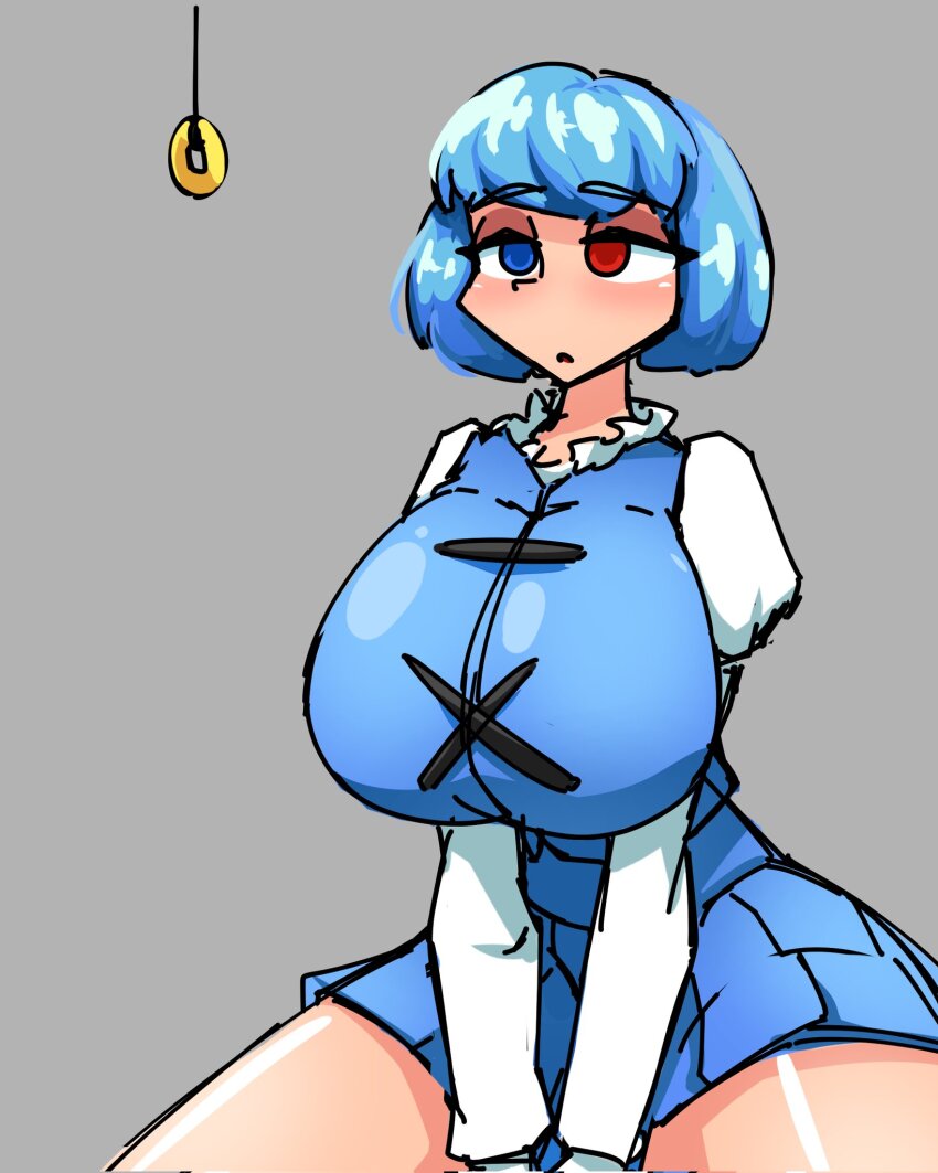 aronnecroman blue_hair breasts coin empty_eyes expressionless female_only femsub heterochromia kogasa_tatara large_breasts pendulum solo tagme thick_thighs thighs touhou