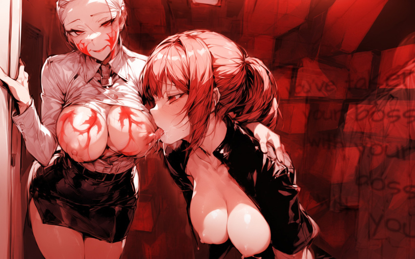 ai_art control corruption emily_pope english_text female_only femsub hypnosisisgreat_(manipper) jesse_faden large_breasts leather monochrome multiple_girls multiple_subs nipple_licking office_lady ponytail red_background red_hair smile stable_diffusion_(ai) text