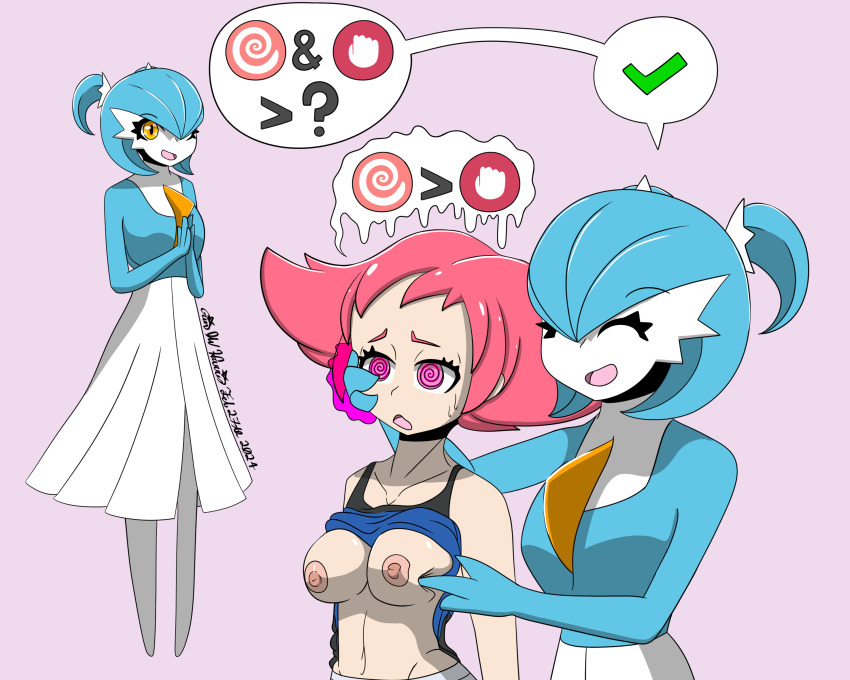 absurdres alternate_color_scheme bangs bare_breasts blue_hair breasts cleavage clothed_exposure collarbone confused dazed dialogue erect_nipples expressionless female_only femdom femsub gardevoir groping hand_on_another's_cheek hypnotic_touch large_breasts magic maylene monster_girl navel nintendo nipples no_bra open_mouth pink_hair pokemon pokemon_diamond_pearl_and_platinum psychic shirt_lift short_hair signature simple_background smile sobergin speech_bubble spiral_eyes standing sweat text twintails undressing