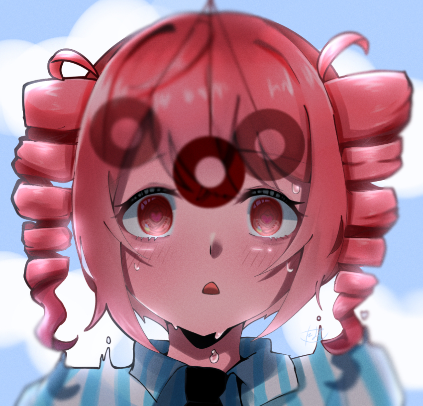 blush dazed drill_hair empty_eyes expressionless female_only femsub h1su1_kkk heart heart_eyes love pendulum red_eyes red_hair shirt solo sweat teto_kasane trembling twintails vocaloid