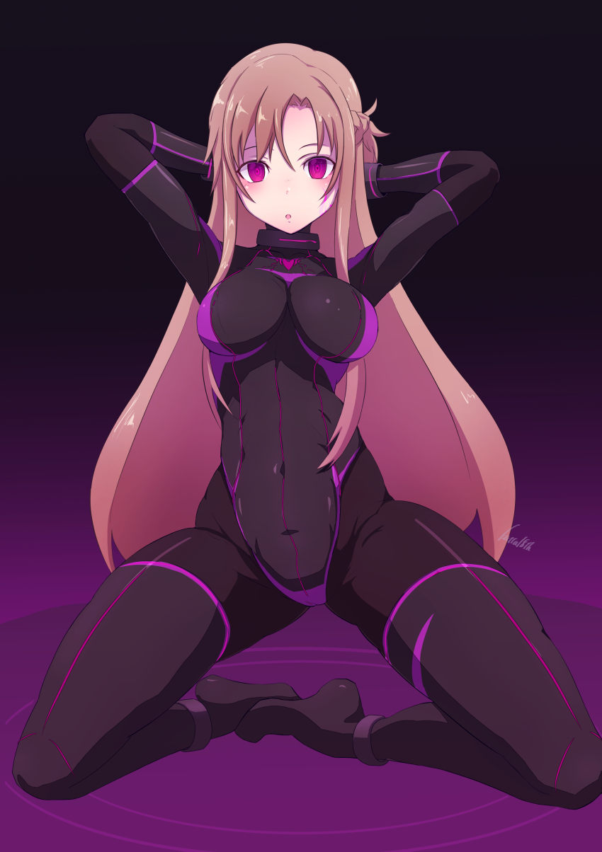 alternate_costume arms_above_head asuna batta18th before_and_after blonde_hair blush bodysuit boots collar cuffs dazed empty_eyes female_only femsub gloves glowing gradient_background high_heels kneeling leotard long_hair looking_at_viewer open_mouth purple_eyes simple_background solo spread_legs sword_art_online thigh_boots thighhighs tongue tongue_out watermark
