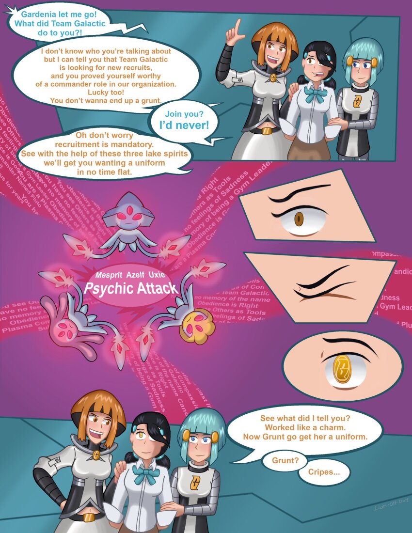 candice corruption dawn enemy_conversion female_only femsub gardenia hypnotized_hypnotist lion-oh-day nintendo pokemon pokemon_(creature) resisting symbol_in_eyes tagme team_galactic team_galactic_grunt