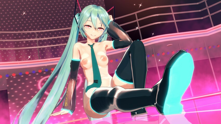 3d arm_warmers blue_hair boots bottomless breasts clothed_exposure cyan_hair evil_smile female_only femsub heavy_eyelids koikatsu! looking_at_viewer microphone miku_hatsune nipples red_eyes sitting small_breasts smile solo taihou1944 thigh_boots thighhighs tie topless twintails very_long_hair vocaloid