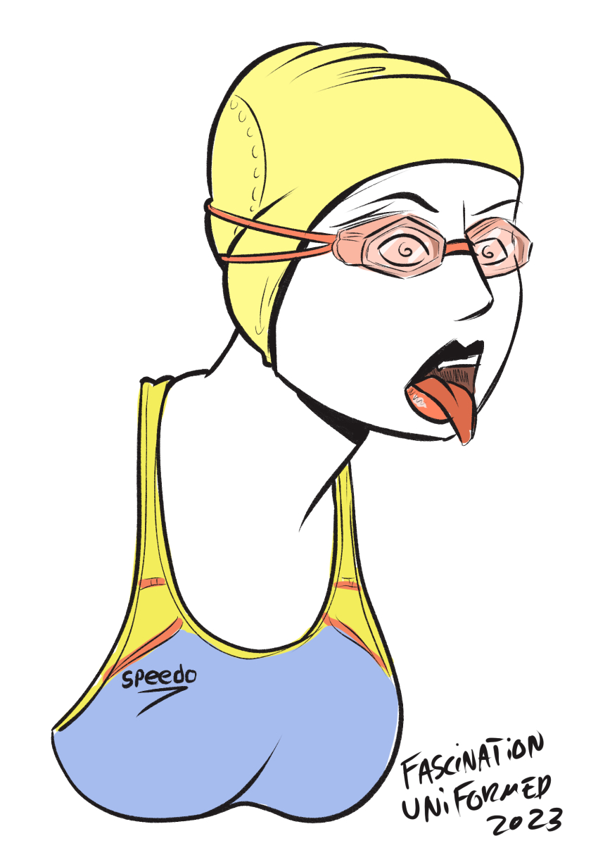 absurdres female_only femsub goggles mr_scade open_mouth original signature simple_background sketch solo spiral_eyes swimsuit symbol_in_eyes tongue tongue_out white_background
