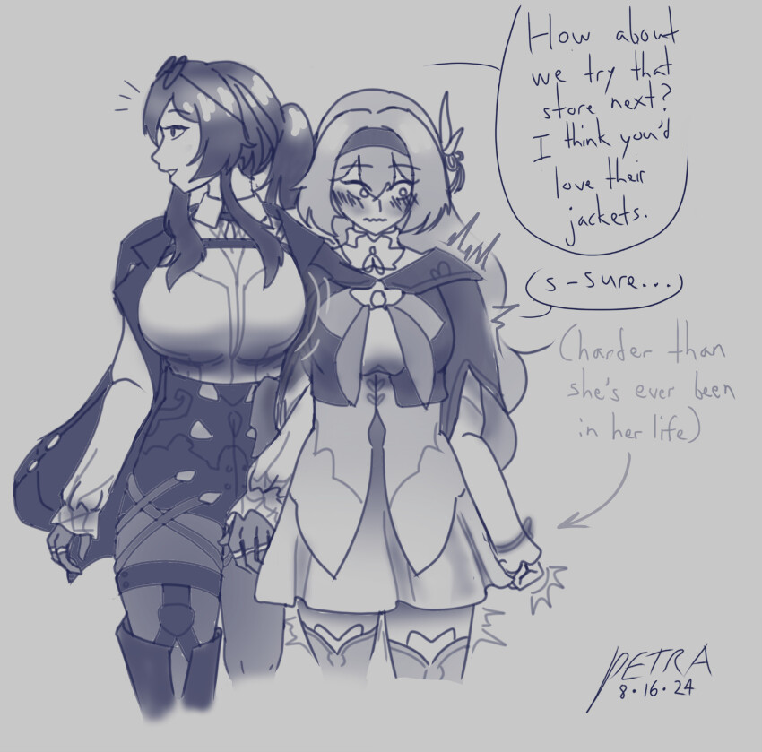 blush boots bow_tie bracelet cape clothed dress eyebrows_visible_through_hair female_only firefly_(honkai_star_rail) glasses gloves grey_background hair_band hair_ornament hezodronpetra holding_hands honkai_star_rail jacket kafka_(honkai_star_rail) long_hair ponytail ring signature simple_background skirt suit text thighhighs tight_clothing yuri