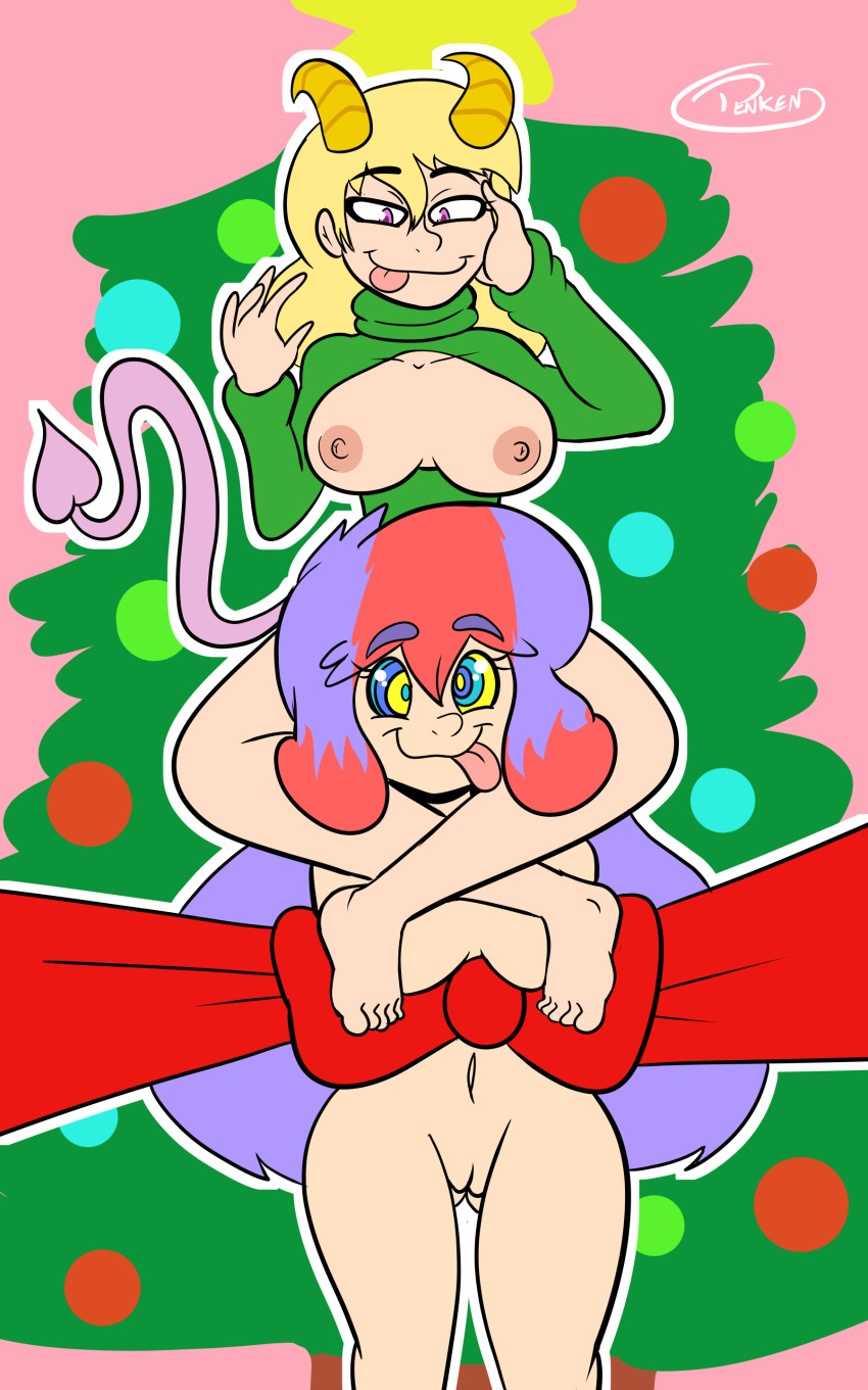 absurdres barefoot bottomless breasts christmas demon_girl feet female_only femdom femsub happy_trance hypnotic_eyes kaa'lin kaa_eyes large_breasts long_hair monster_girl multicolored_hair naomi_(penken) nude original penken succubus tongue tongue_out topless