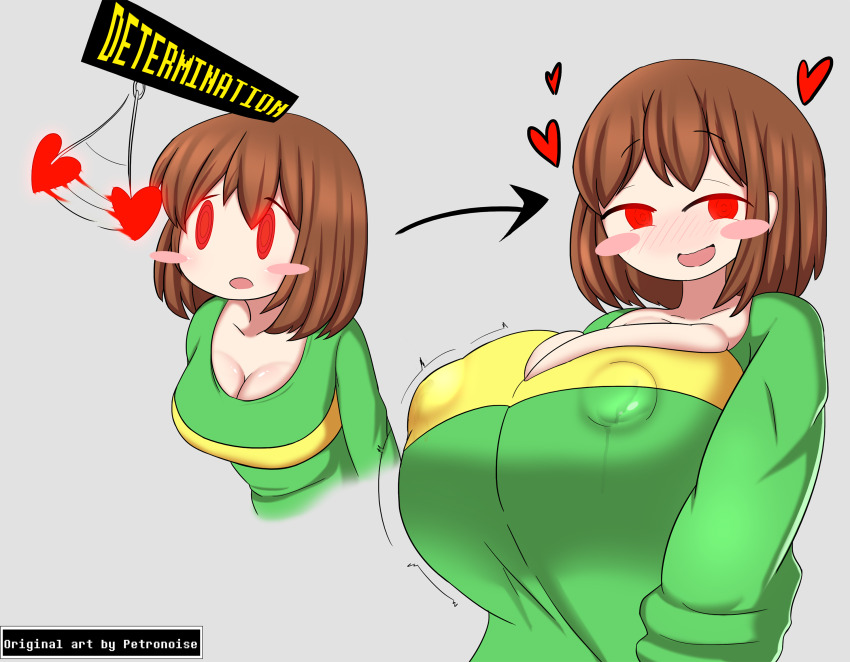 before_and_after blush breast_expansion breasts brown_hair chara_(undertale) cheeks cleavage erect_nipples femsub glowing glowing_eyes happy_trance huge_breasts large_breasts open_clothes open_mouth pendulum petronoise red_eyes scrambles_sama short_hair smile spiral_eyes symbol_in_eyes text tongue tongue_out undertale