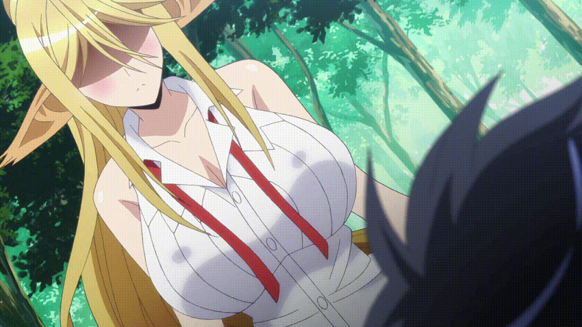 animal_ears animated animated_gif blonde_hair blue_eyes breast_fondling breast_grab breasts breasts_outside centaur centorea_shianus dazed erect_nipples femsub groping happy_trance holding_breasts huge_breasts kimihito_kurusu monster_girl monster_musume official open_clothes open_mouth open_shirt screencast spiral_eyes surprised symbol_in_eyes undressing very_long_hair