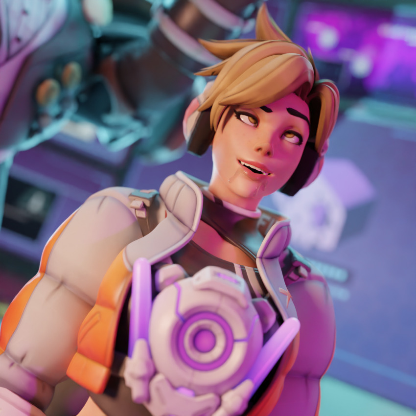 3d brown_eyes brown_hair clothed drool empty_eyes esccc eye_roll femsub freckles happy_trance headphones jacket maledom open_mouth overwatch short_hair sigma_(overwatch) smile tech_control tracer