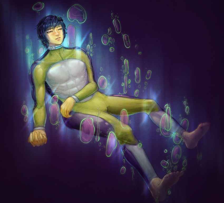 abs absurdres barefoot black_hair blush bodysuit bubble clay collar dazed feet male_only malesub original solo swimsuit tech_control underwater