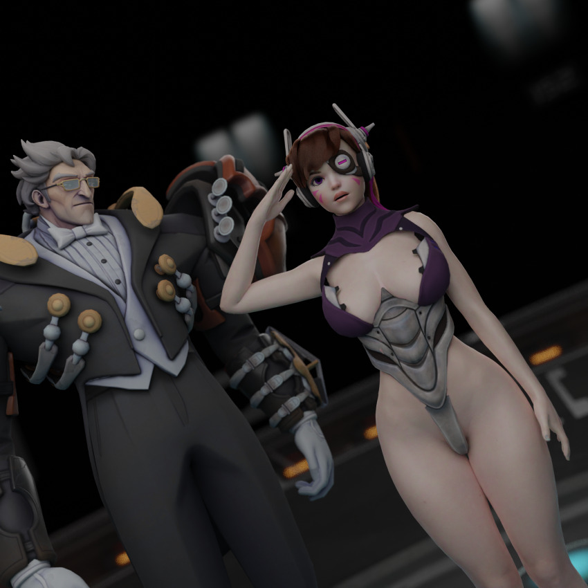 3d absurdres ahoge alternate_costume bare_shoulders breasts brown_hair cleavage corruption d.va esccc expressionless femsub glasses huge_breasts hypnotized_assistant indifferent leotard long_hair maledom open_mouth overwatch purple_eyes robot robotization short_hair sigma_(overwatch) standing standing_at_attention tech_control unaware white_hair wide_hips