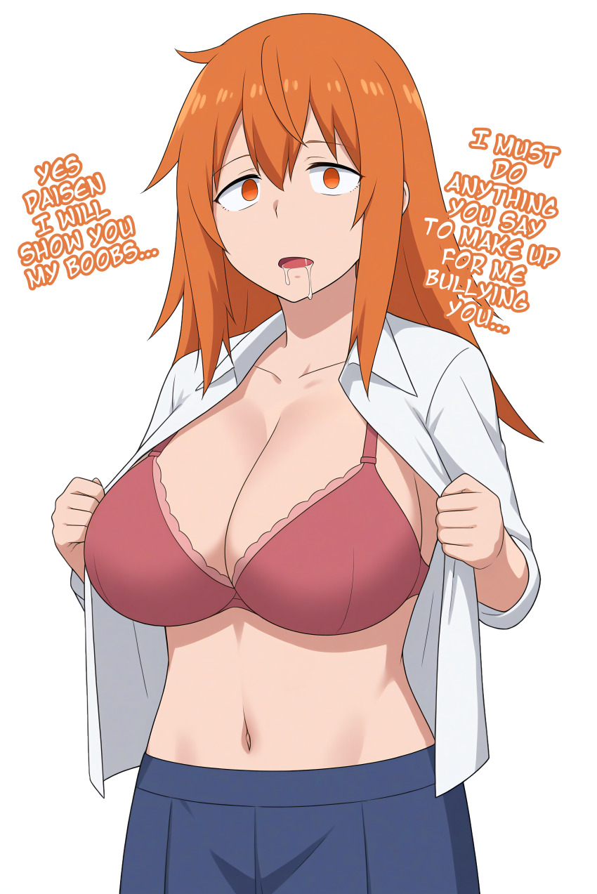 ai_art altered_common_sense bra breasts cleavage collarbone drool empty_eyes expressionless female_only femsub huge_breasts ijiranaide_nagatoro-san indifferent long_hair looking_at_viewer maki_gamou maledom manip minimimic_(generator) minimimic_(manipper) open_mouth orange_eyes orange_hair school_uniform simple_background skirt stable_diffusion_(ai) text undressing white_background