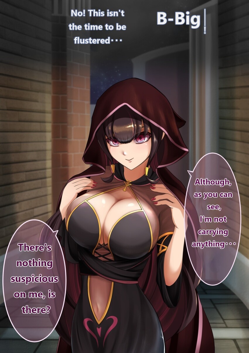 breasts brown_hair card charm_(spell) cleavage dialogue female_only femdom hard_translated heart hypnotic_breasts large_breasts mind_break nail_polish navel nisemono pink_eyes pov_sub robe seductive_smile text translated