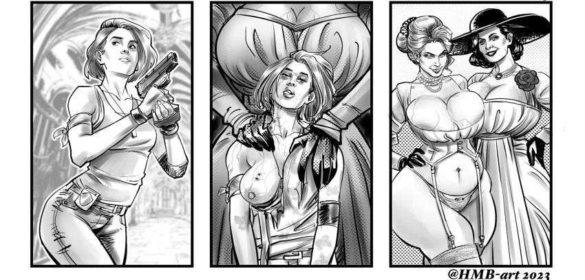 alcina_dimitrescu before_and_after bimbofication breast_expansion breasts capcom cleavage collarbone comic corruption corset curvy enemy_conversion evil_smile garter_straps gloves greyscale hand_on_hip heavy_eyelids hmb huge_breasts jeans jill_valentine large_ass looking_at_viewer necklace nipples one_breast_out panties pants resident_evil shirt short_hair signature single_hair_bun smile t-shirt thighhighs tongue tongue_out torn_clothes underwear undressing vampire