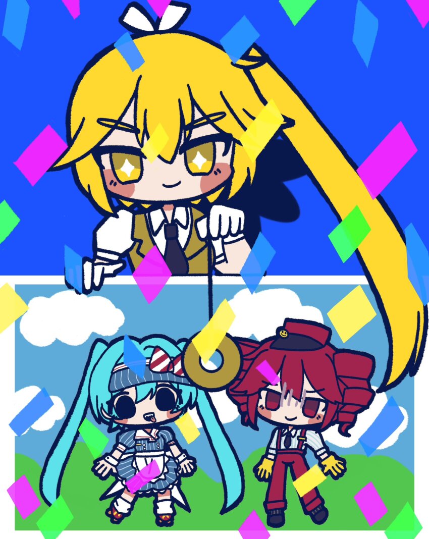 blonde_hair blue_eyes blue_hair blush chibi clothed coin cuffs empty_eyes female_only femdom femsub hair_ribbon hat long_hair looking_at_viewer mesmerizer_(vocaloid) miku_hatsune neirozum neru_akita pendulum ponytail red_hair ribbon shirt suit t-shirt tagme teto_kasane tie twintails vocaloid yellow_eyes