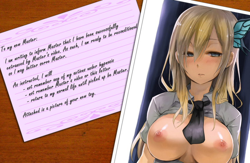 blonde_hair blue_eyes blush breasts breasts_outside cradily_(manipper) empty_eyes expressionless female_only femsub haganai long_hair manip open_clothes pepe sena_kashiwazaki text tie traditional