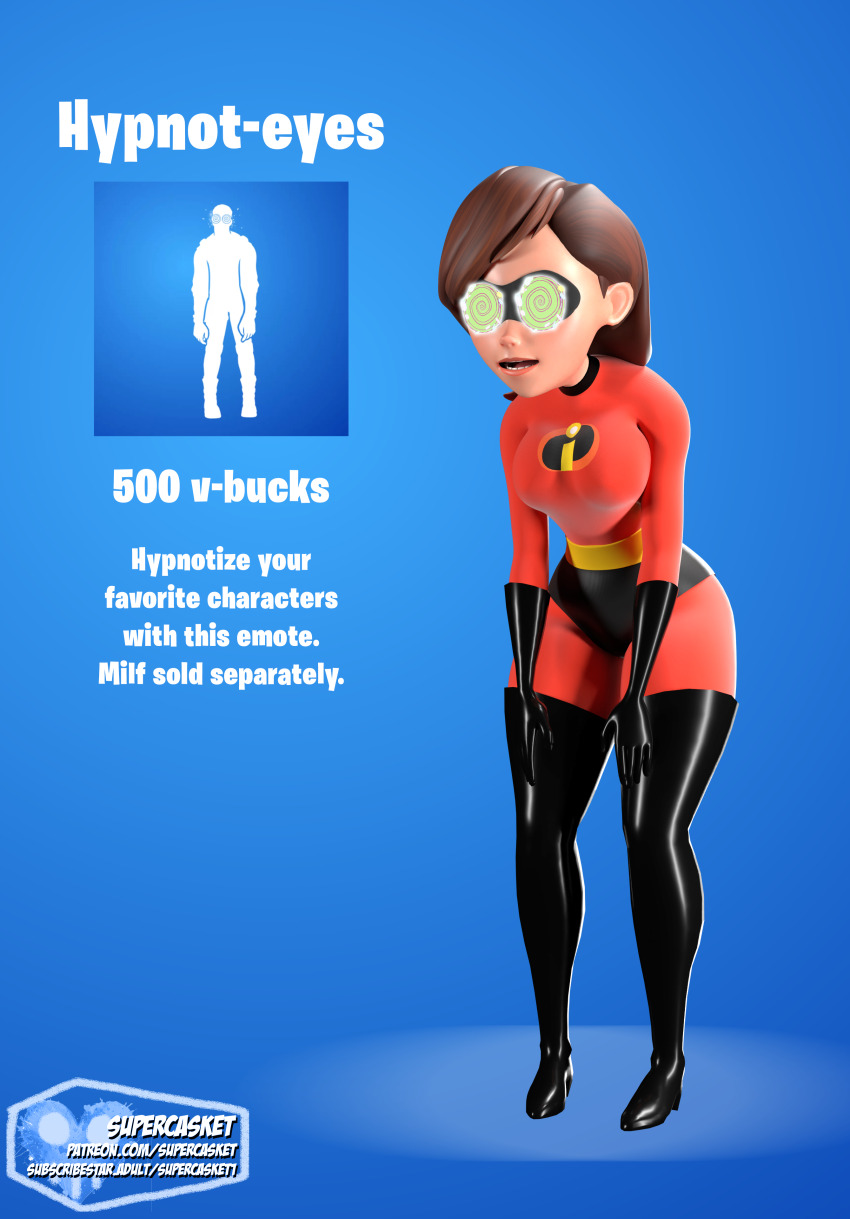 3d blender bodysuit brown_hair disney elastigirl expressionless femsub fortnite helen_parr hypnot-eyes leaning_forward milf open_mouth spiral_eyes supercasket symbol_in_eyes text the_incredibles