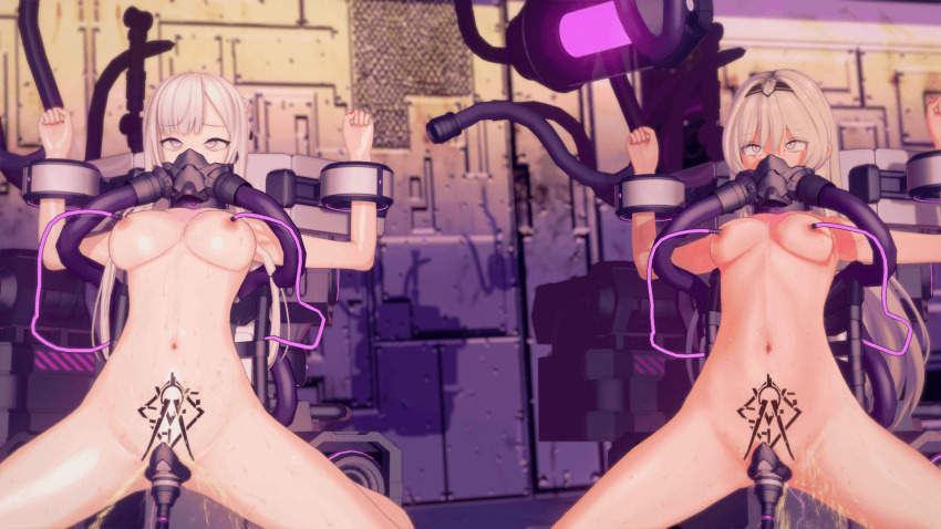 3d ak-12_(girls_frontline) an-94_(girls_frontline) animated animated_gif arigeta bangs blue_eyes cables collar corruption crossed_eyes crotch_tattoo cyan_eyes electricity eye_roll female_only femsub gas_mask girls_frontline headdress heart_eyes injection koikatsu! large_breasts multiple_girls multiple_subs nail_polish navel nude restrained sex_machine silver_hair spread_legs squirting sweat tattoo tech_control tubes urination vaginal white_hair wires