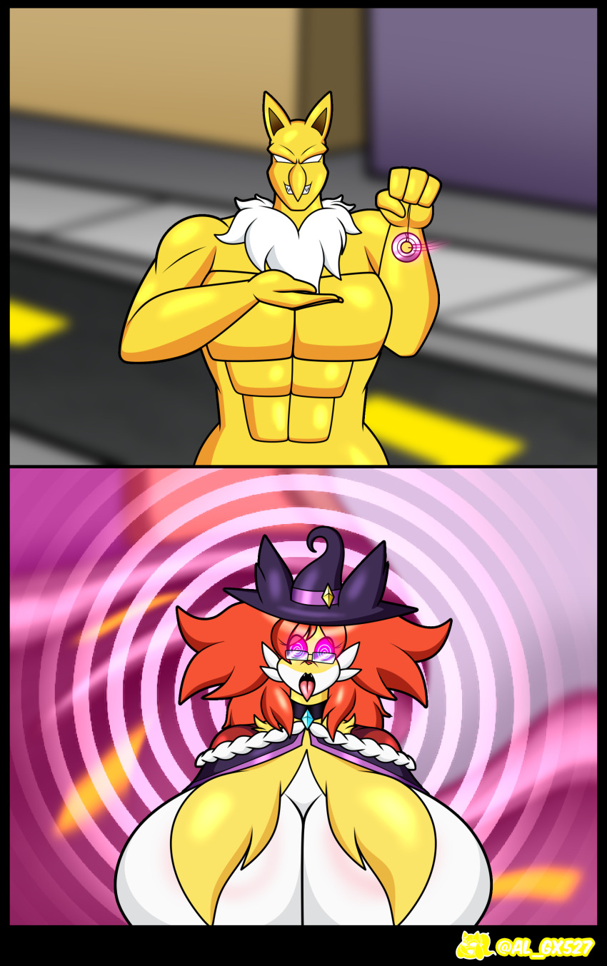 abs absurdres al_gx bottomless breasts cleavage delphox evil_smile fox_girl furry glasses glowing glowing_eyes hyper_breasts hypno maledom milf monster_girl muscle_boy navel nintendo pendulum pokemon pokemon_(creature) sequence signature smile spiral_eyes symbol_in_eyes tongue tongue_out topless witch_hat yellow_skin