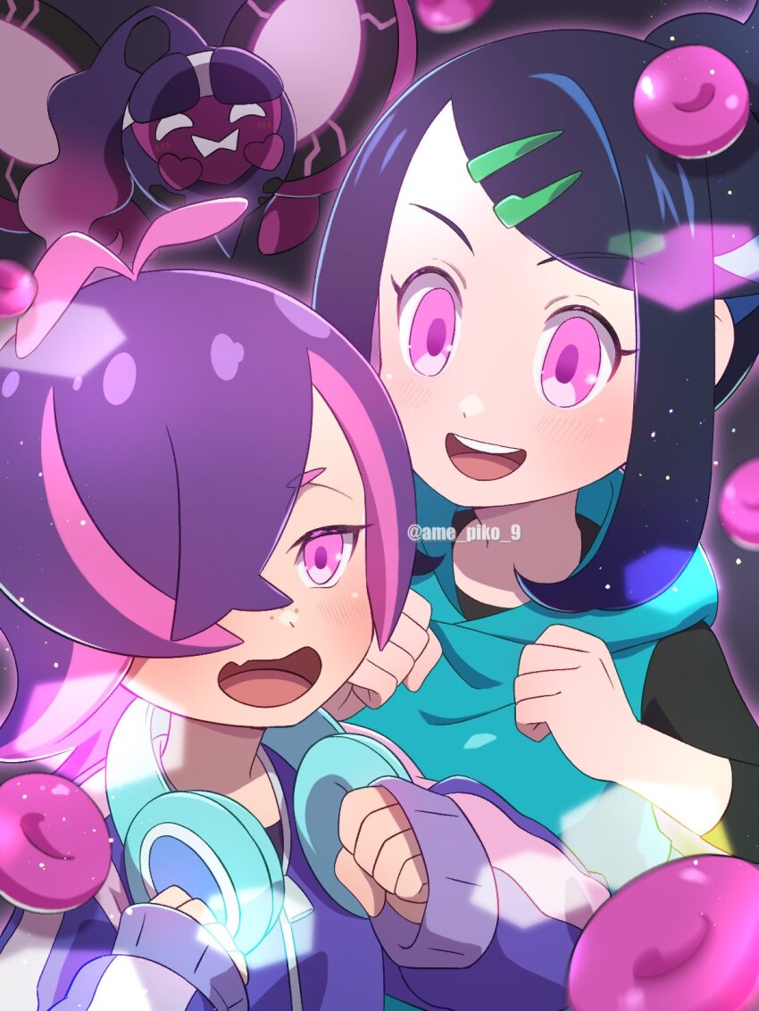 ame_piko_9 black_hair blue_hair blush chicken_pose dancing dot_(pokemon) eye_color_change female_only femsub happy_trance hypnotic_food liko_(pokemon) mochi_dance multicolored_hair multiple_girls multiple_subs nintendo open_mouth pecharunt pink_hair pokemon pokemon_(anime) purple_eyes