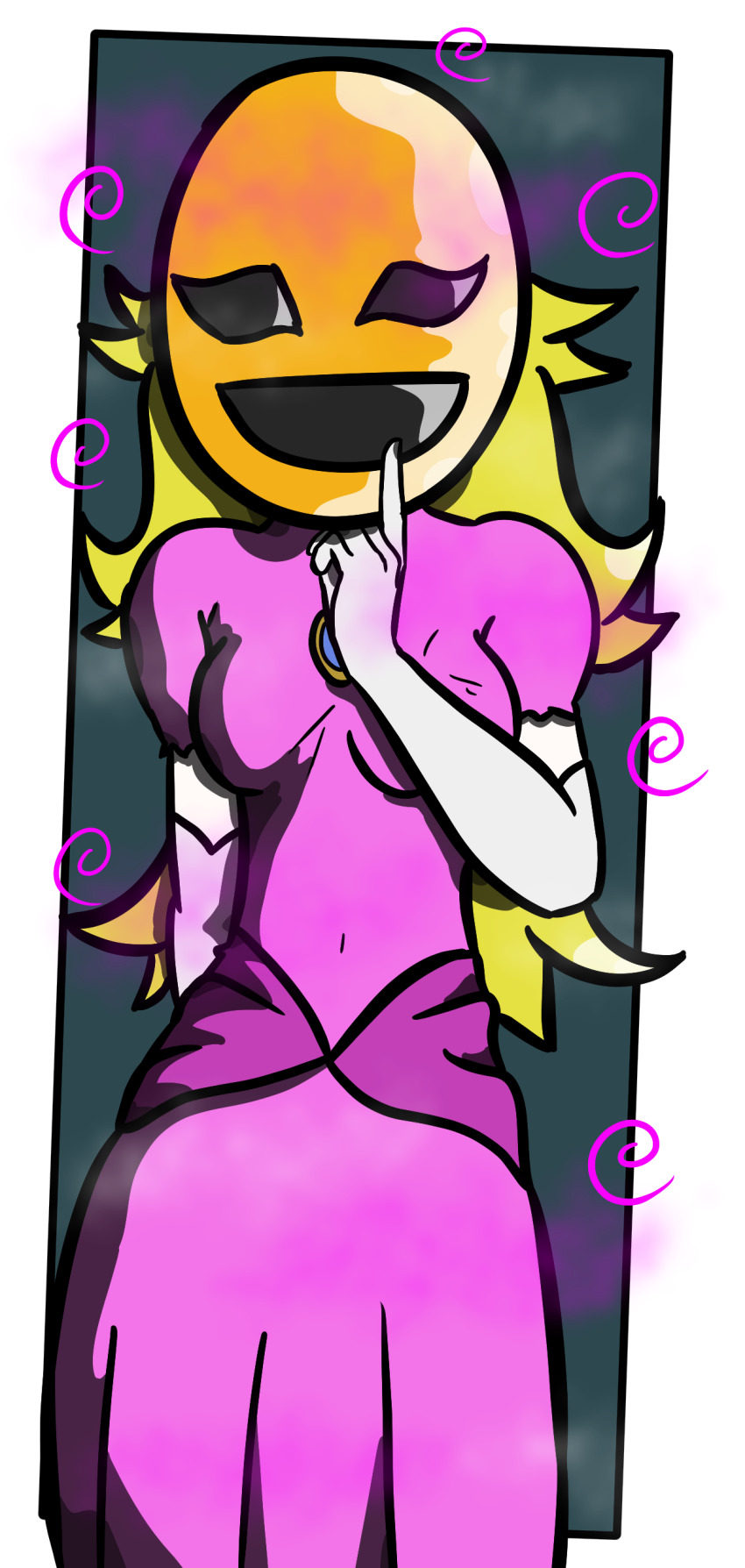 blonde_hair breasts clothed corruption dress femsub gloves hypnotic_mask illumina living_costume mask nintendo phanto possession princess princess_peach spiral super_mario_bros. super_mario_bros._wonder symbol very_long_hair