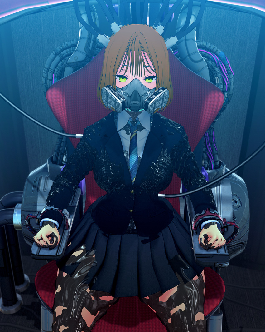 3d before_and_after brown_hair cables chair collar corruption custom_maid_3d_2 empty_eyes female_only femsub gas_mask green_eyes heavy_eyelids living_costume looking_at_viewer nyorohsb original restrained rubber school_uniform short_hair sitting skirt smile solo tech_control tie wires