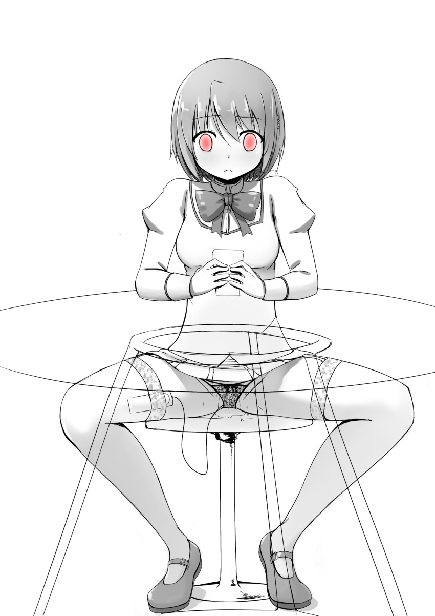 female_only femsub glowing glowing_eyes looking_at_viewer puella_magi_madoka_magica pussy_juice sayaka_miki sex_toy short_hair solo tech_control unaware under_table underwear vahn_yourdoom vibrator