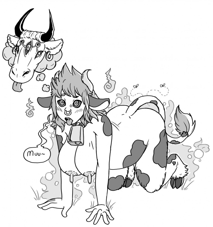 all_fours animal_transformation bottomless breasts cow_girl cowbell dialogue erect_nipples female_only femsub furry hooves horns hucow huge_breasts huge_nipples magic non-human_feet nude open_mouth solo tail tail_growth text tongue tongue_out topless transformation wrenzephyr2