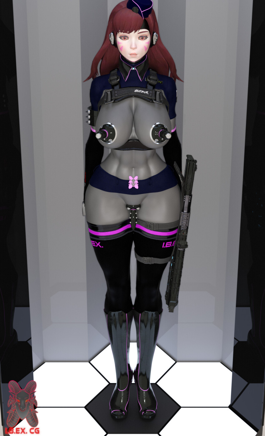 3d abs absurdres alternate_costume belted_skirt breasts brown_hair cleavage d.va female_only femsub glowing_eyes gun huge_breasts ibex-cg indifferent large_hips long_hair miniskirt navel orange_eyes overwatch pasties policewoman pussy short_skirt skirt solo tech_control text thick_thighs thighhighs tomboy torn_clothes unaware watermark