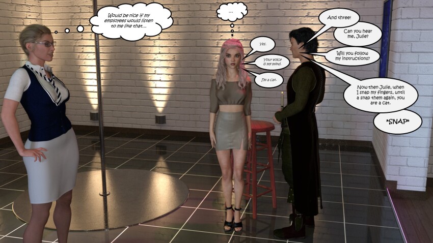 3d comic hexxet juliette_baker office_party skirt stacey_alcone stage_hypnosis standing standing_at_attention tagme text