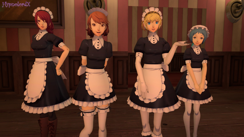 3d aegis_(persona) blonde_hair brown_hair clothed empty_eyes female_only fembot femsub fuuka_yamagishi green_hair happy_trance hypnolordx long_hair maid maid_headdress mitsuru_kirijo multiple_subs persona_(series) persona_3 ponytail pov_dom red_hair robot robot_girl short_hair smile source_filmmaker standing yukari_takeba