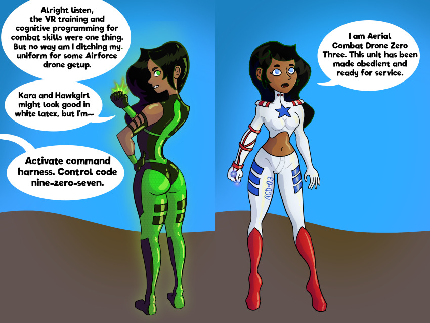 ass avabluecat before_and_after black_hair blue_eyes breasts dark_skin dc_comics dialogue female_only femsub green_eyes green_lantern_(series) jessica_cruz latex long_hair midriff navel open_mouth ring solo standing super_hero text