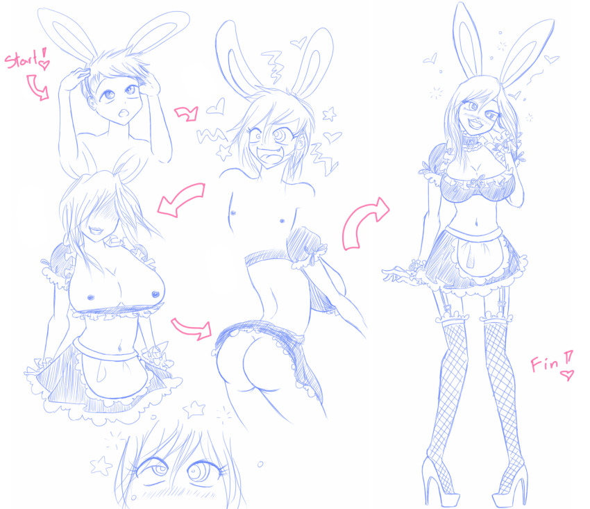 ass before_and_after bimbofication blush breasts bunny_ears bunny_girl crossdressing fishnets happy_trance high_heels large_breasts lineart luckyluckyluckypenny maid malesub midriff original ring_eyes sequence smile transformation transgender