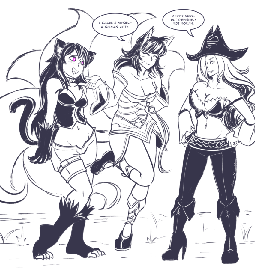 ahri bikini_armor black_hair boots breasts cat_ears cat_girl cat_tail closed_eyes femdom femsub fox_ears fox_girl fox_tail greyscale happy_trance heart heart_eyes kitsune_girl knee-high_boots kya_(nazwa) large_breasts league_of_legends majinsfw multiple_tails open_mouth sarah_fortune sketch smile symbol_in_eyes tail text