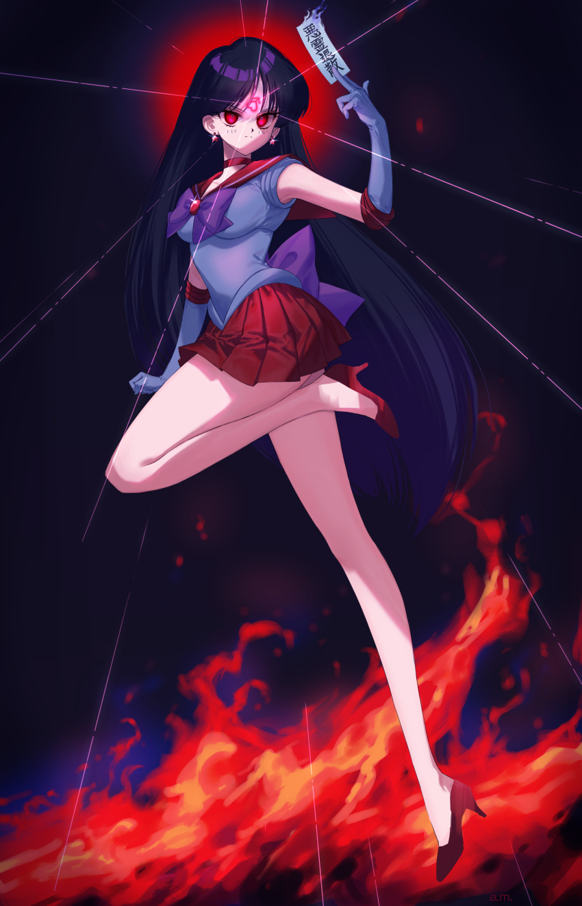 a.m. absurdres bare_legs black_hair breasts choker corruption earrings expressionless female_only glowing high_heels long_hair looking_at_viewer magical_girl opera_gloves red_eyes ribbon sailor_mars sailor_moon_(series) short_skirt skirt solo symbol talisman