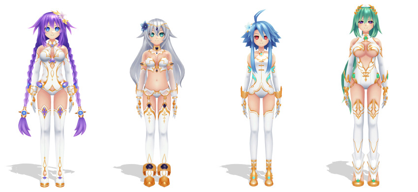 3d absurdres black_heart blanc breasts empty_eyes femsub green_heart happy_trance hyperdimension_neptunia mmd neptune_(hyperdimension_neptunia) noire purple_heart simple_background standing standing_at_attention vert white_heart