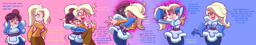absurdres before_and_after blonde_hair blue_eyes blush breasts brown_hair comic corruption dialogue female_only femdom femsub fusion glasses groping hair_covering_one_eye heart heart_eyes hugothetroll large_breasts long_hair mei_(overwatch) mercy multiple_girls open_mouth overwatch ponytail possession resisting sequence short_hair smile sweater symbol_in_eyes text