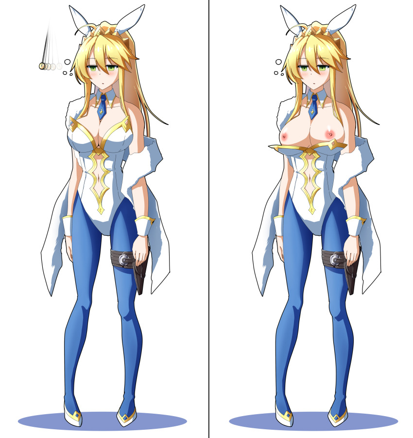 absurdres artoria_pendragon artoria_pendragon_(lancer) blonde_hair blush breasts breasts_outside bunnysuit coin cuffs dazed empty_eyes etlabsotwe expressionless fake_animal_ears fate/grand_order fate_(series) female_only femsub green_eyes high_heels large_breasts long_hair open_clothes open_mouth pendulum