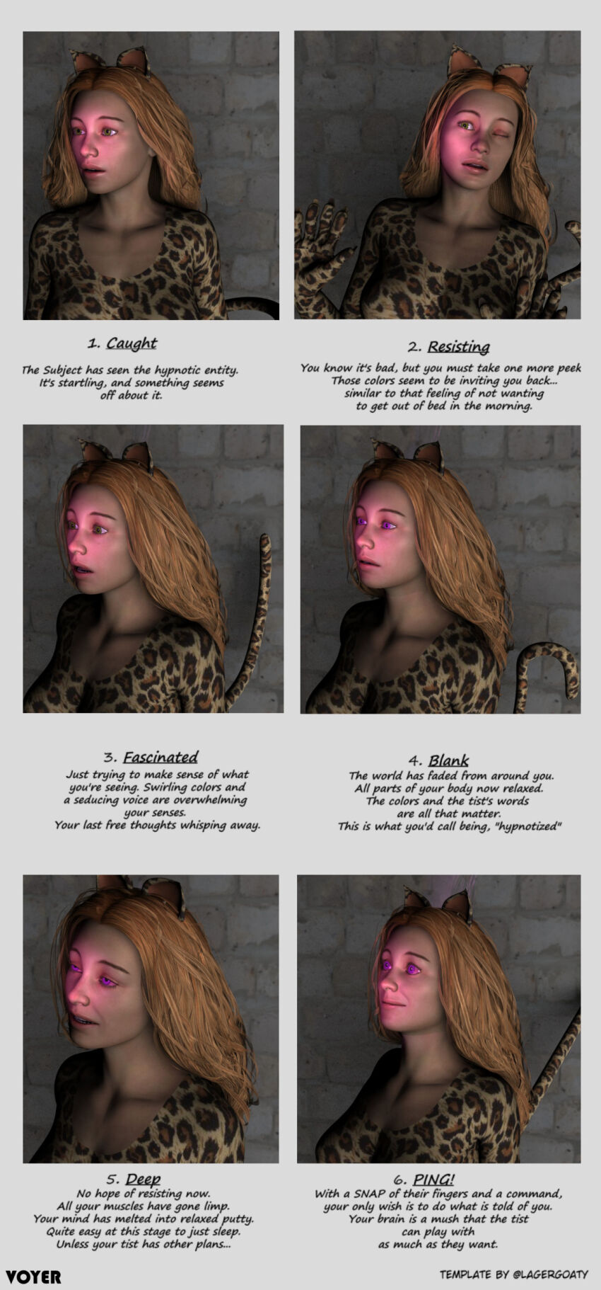 3d absurdres before_and_after blonde_hair blush cat_girl dazed female_only femsub furry happy_trance long_hair one_eye_open open_mouth original ping resisting sequence smile solo super_hero text voyer