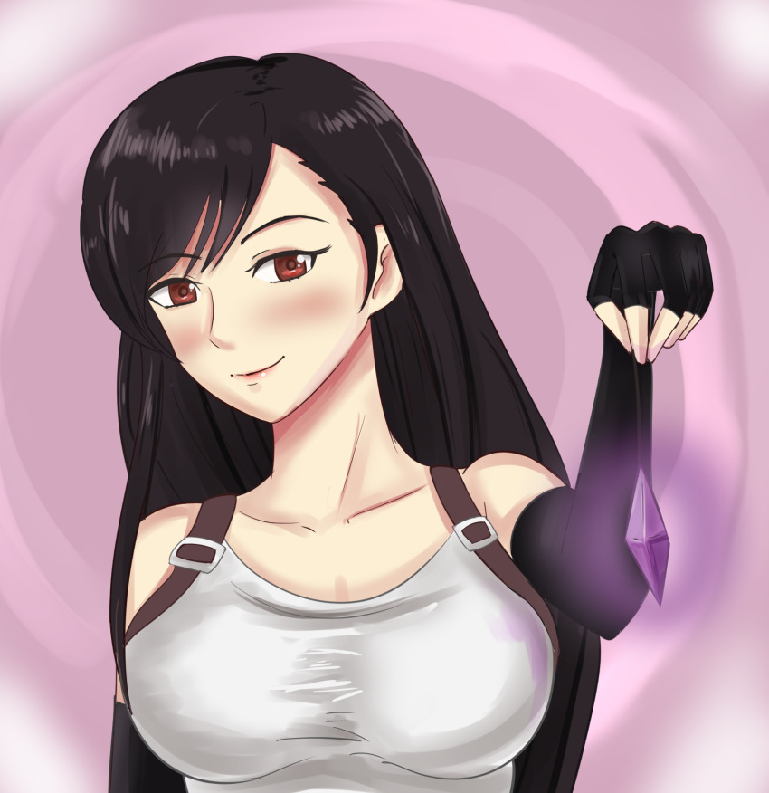 artist_request blush breasts brown_hair cleavage crystal female_only femdom final_fantasy final_fantasy_vii fingerless_gloves gloves large_breasts long_hair pendulum pov pov_sub red_eyes smirk suspenders tank_top tifa_lockhart