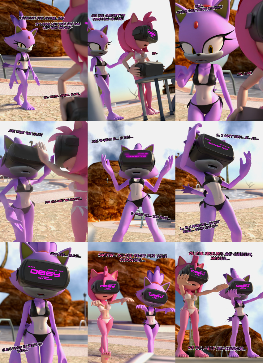 3d amy_rose aware barefoot bikini bikini_bottom bikini_top blaze_the_cat cleavage comic dialogue expressionless femsub furry hedgehog_girl hypnotic_accessory multiple_girls open_mouth outdoors pink_skin pool purple_skin resisting sonic_the_hedgehog_(series) spiralrose23 standing swimsuit tech_control text visor zombie_walk